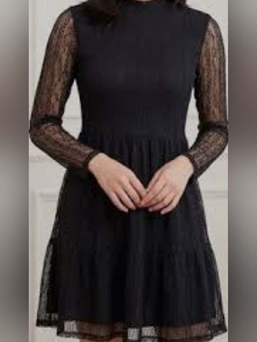 Lily Rose Black Lace Long-Sleeve Fit-and-Flare Tiered Dress Size Medium